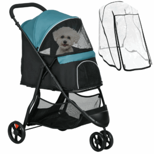 Dog Stroller for Small Dogs & Cats with Rain Cover – Foldable 3-Wheel Pet Pram with Mesh Windows & Storage Basket, Dark Green