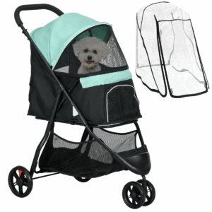 PawHut 3-Wheel Dog Stroller for Small Dogs & Cats – Foldable Pet Pram with Rain Cover, Mesh Windows & Storage Basket, Green