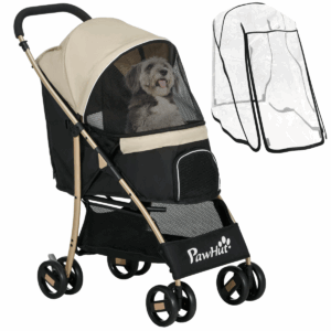 PawHut Pet Stroller for Small Dogs & Cats with Rain Cover – Foldable Dog Pram with Storage Basket & Mesh Windows, Khaki