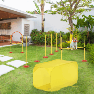 Dog Agility Training Equipment Set – 4-Piece Portable Kit with Tunnel, High Jump, Weave Poles & Jumping Ring, Adjustable Height, Yellow