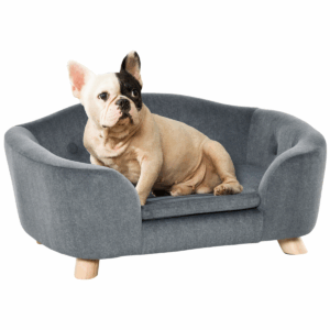 PawHut Pet Sofa Dog Couch – Grey Plush Bed for Small Dogs, Wooden Frame with Washable Cushion (70 x 47 x 30 cm)