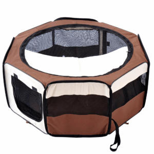 PawHut Fabric Pet Playpen for Puppies, Dogs, Cats & Small Animals – Foldable Indoor/Outdoor Play Pen with Carry Bag, Brown & Cream (M)
